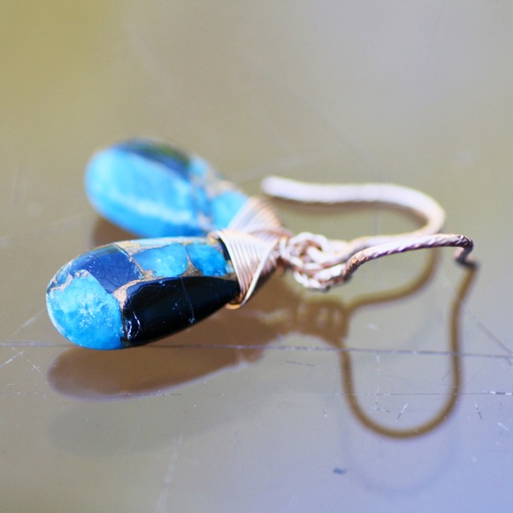 Natural Obsidian Copper Turquoise Earrings Handmade 14k Rose Gold Filled - Picture 2 of 12